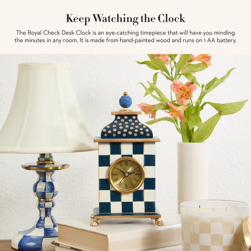 mackenzie childs MACKENZIE-CHILDS Desk Clock, Decorative Wood Clock for Kitchen and Living Room, Blue-and-White Royal Check - Image 2