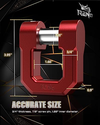 Reno حلقة شاكلة D من رينو 3/4"، قوة كسر 68,000 رطل مع دبوس 7/8" للاستخدام العالمي مع حزام السحب ونش للسيارات الرباعية الدفع ATV UTV SUV لاستعادة السحب (ألمنيوم، عبوة 2، أحمر) - Image 3
