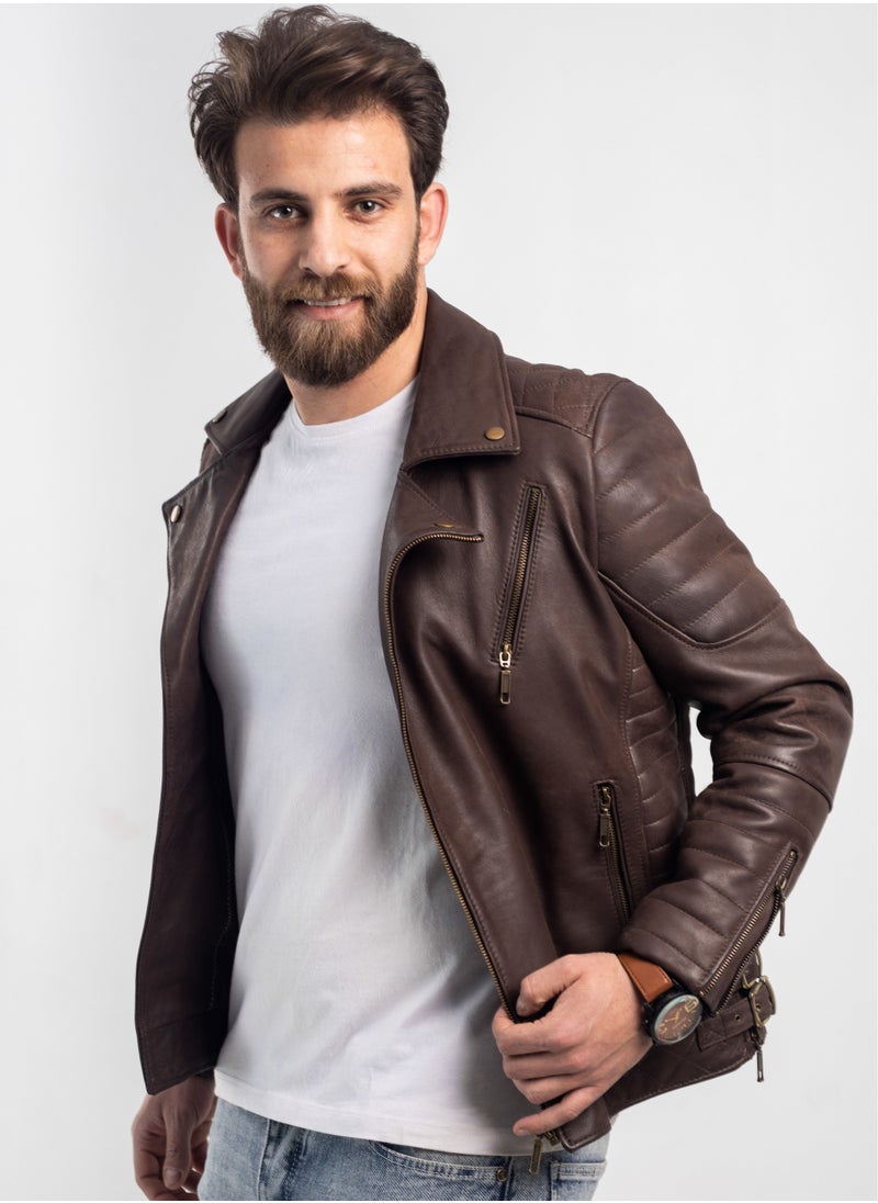 Generic - Elegant natural leather jacket, excellent closure, high-quality material, brown colour - Image 1