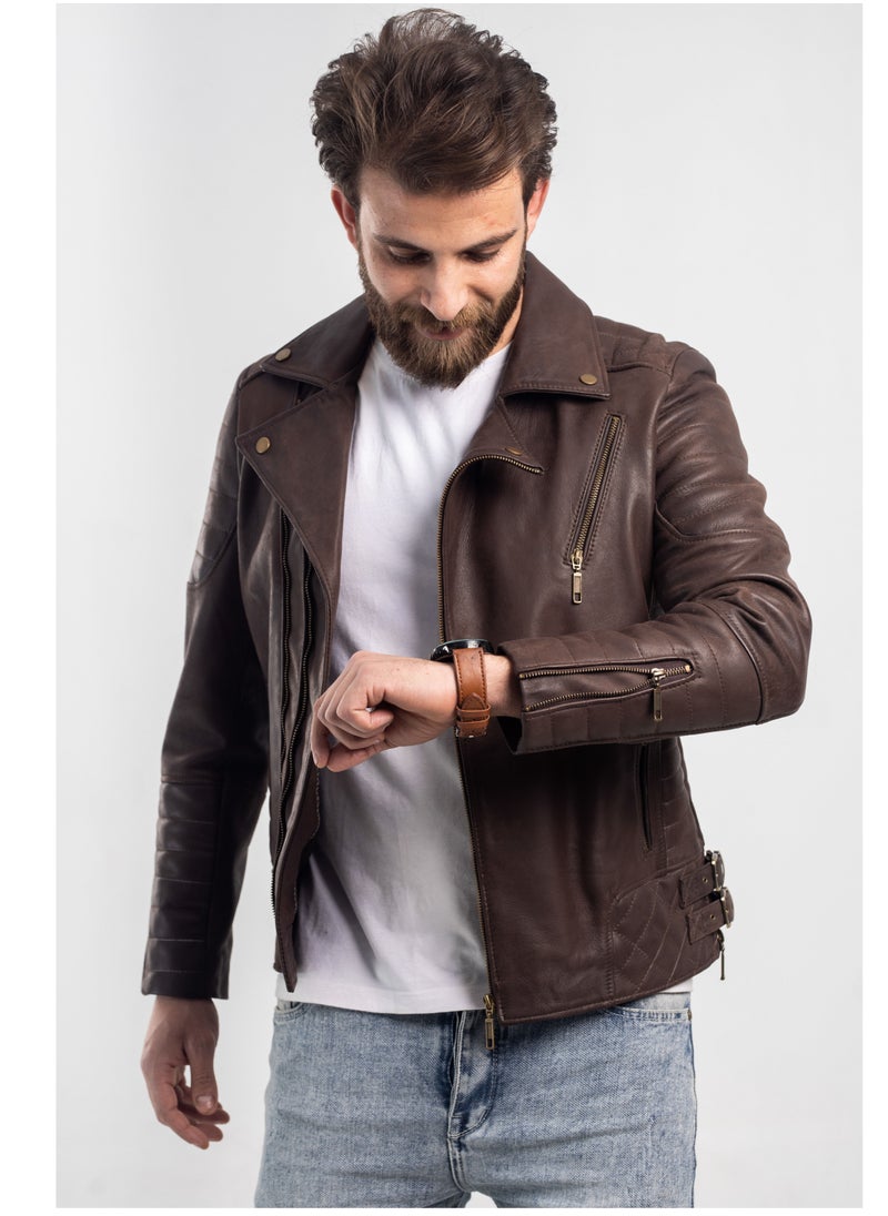 Generic - Elegant natural leather jacket, excellent closure, high-quality material, brown colour - Image 1