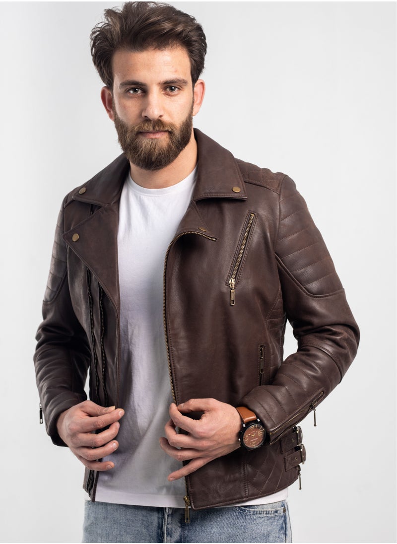 Generic - Elegant natural leather jacket, excellent closure, high-quality material, brown colour - Image 1