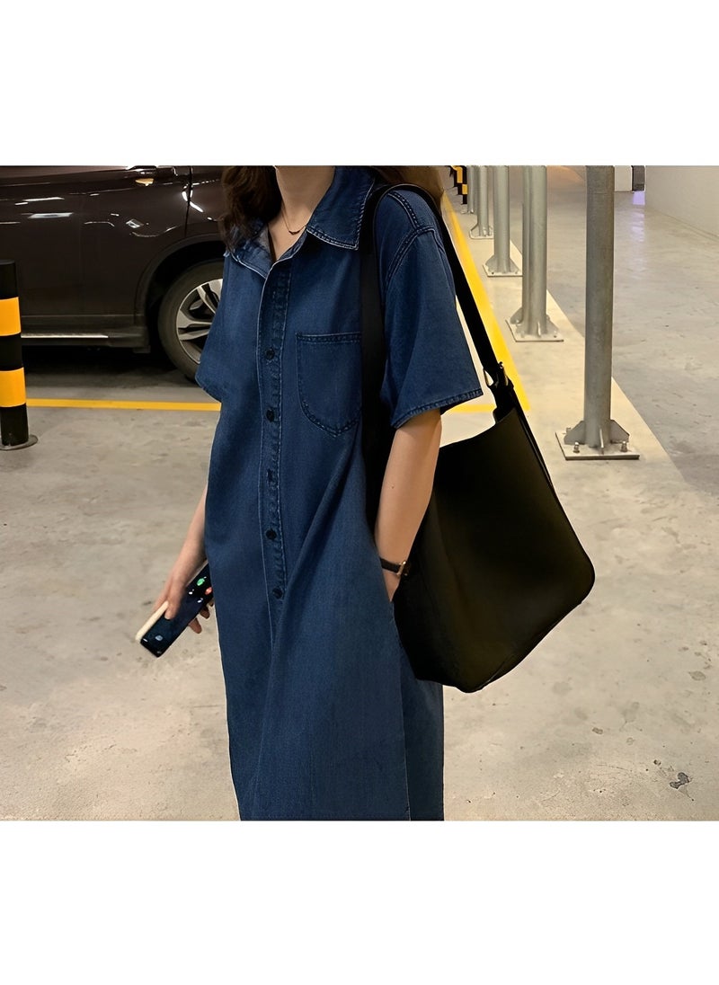 REOCLE - Women's Denim Dress Classic Button Down Denim Shirt Dress  Casual V Neck Short Sleeve Jean Dress - Image 1