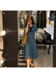 REOCLE Women's Denim Dress Classic Button Down Denim Shirt Dress  Casual V Neck Short Sleeve Jean Dress  - Image 2