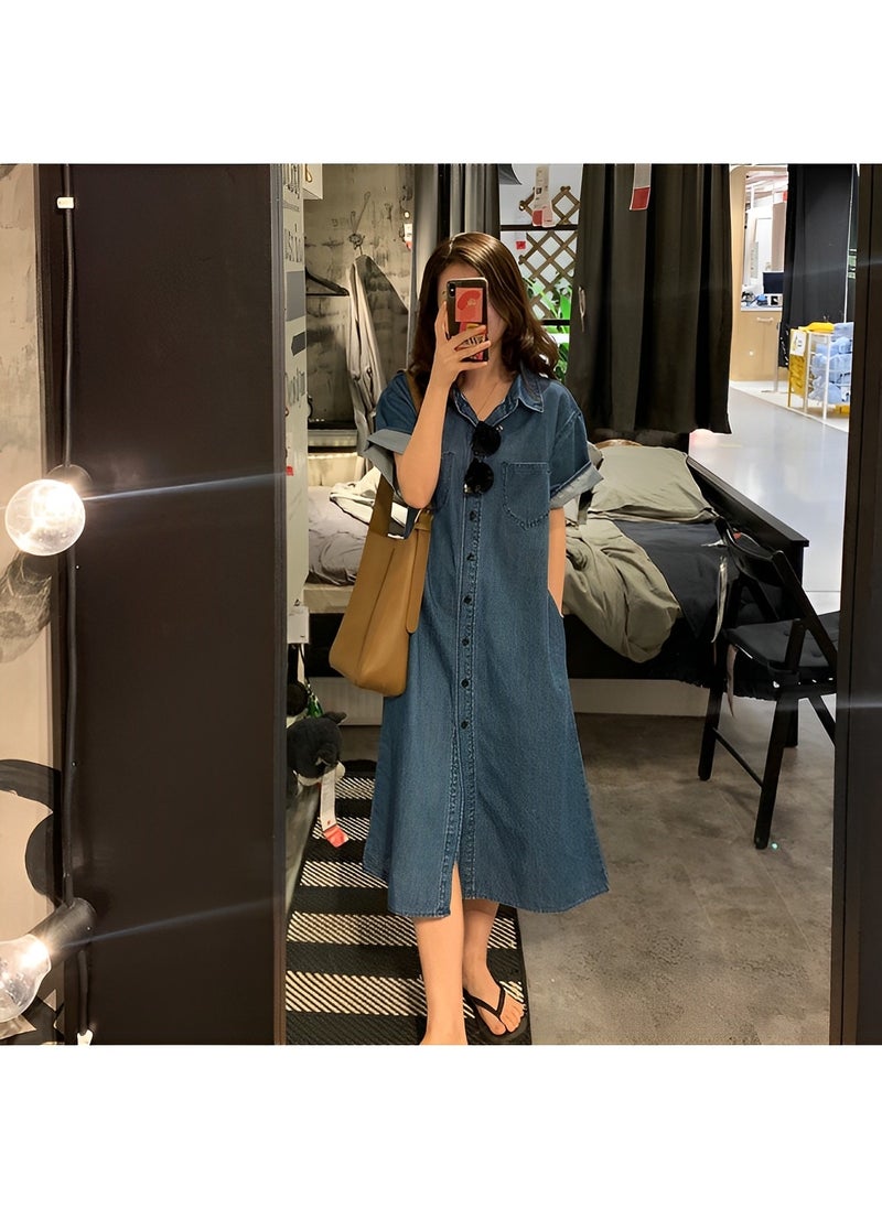 REOCLE - Women's Denim Dress Classic Button Down Denim Shirt Dress  Casual V Neck Short Sleeve Jean Dress - Image 1