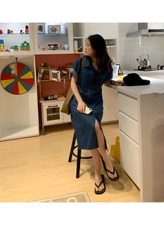 REOCLE Women's Denim Dress Classic Button Down Denim Shirt Dress  Casual V Neck Short Sleeve Jean Dress  - Image 5