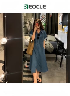 REOCLE Women's Denim Dress Classic Button Down Denim Shirt Dress  Casual V Neck Short Sleeve Jean Dress  - Image 1