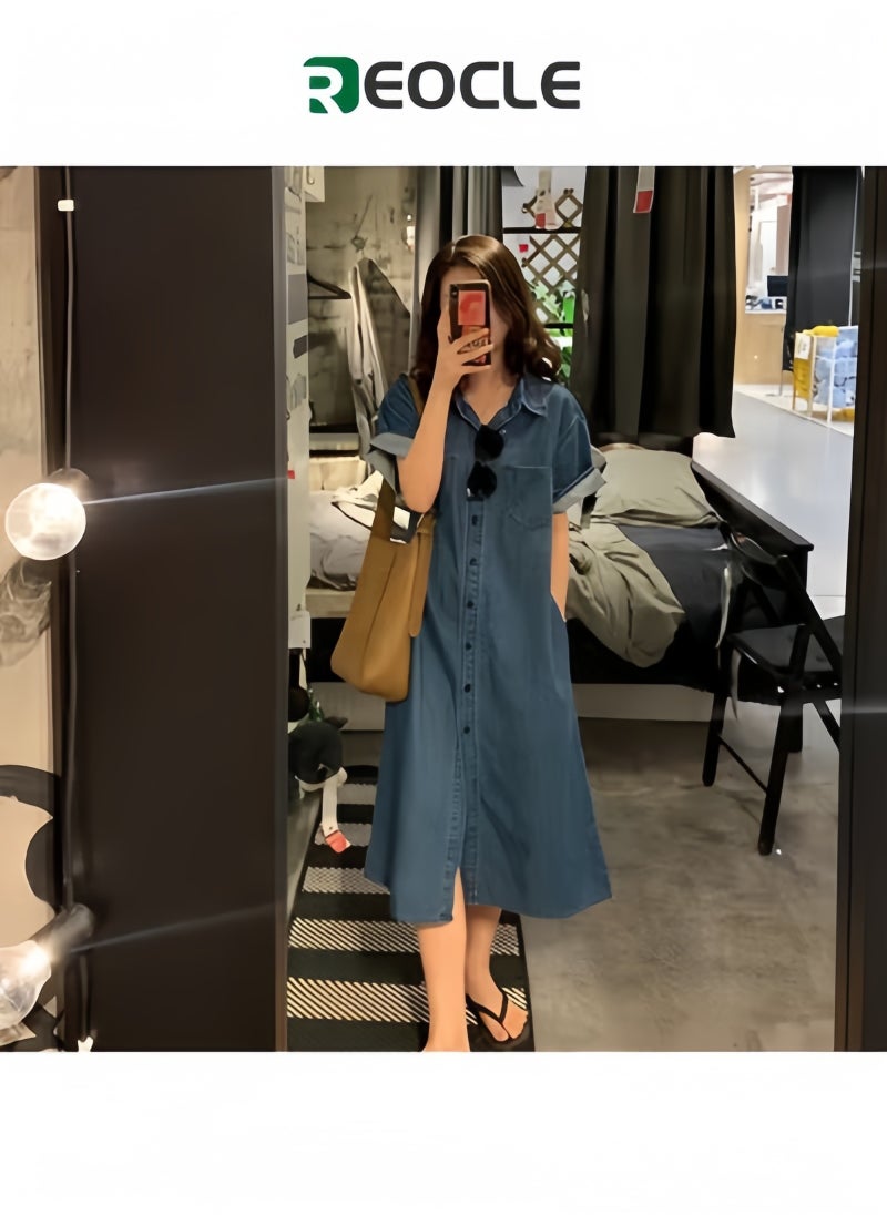 REOCLE - Women's Denim Dress Classic Button Down Denim Shirt Dress  Casual V Neck Short Sleeve Jean Dress - Image 1