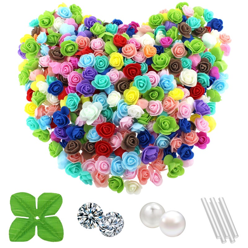 Vignor 500 Pcs 1.4 Inch Mini Artificial Flowers Head Bulk 5 in 1 Set Faux Foam Fake Small Rose Tiny Baby Flores Bouquet Cake Gift Home Decoration DIY Craft (Multiple Mixed Color) - Image 1