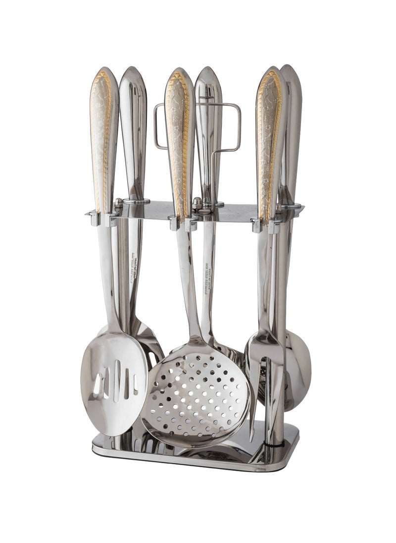 Dania 7 Pieces Set Of Serving Spoons And Steel Spoons With Gold  - Image 1