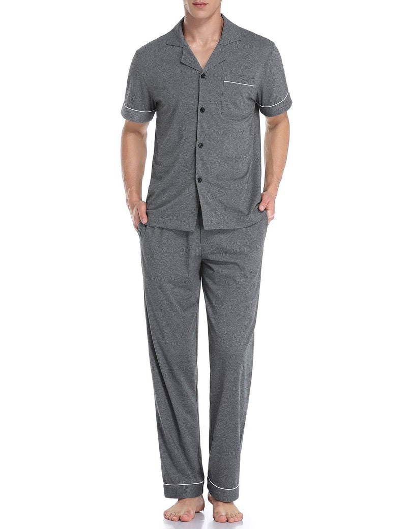 COLORFULLEAF Mens 100 Cotton Pajamas Set Button Down Sleepwear Short Sleeve and Long Pants Pjs Dark GrayS