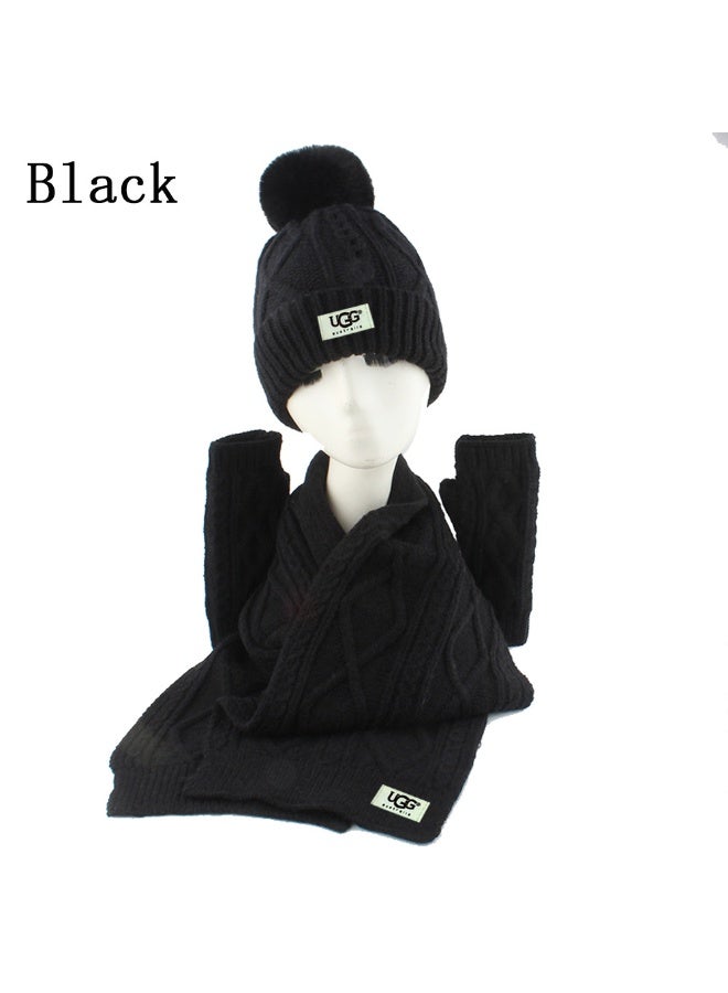 أوغ Black Cable-Knit Winter Set (Beanie, Scarf, and Arm Warmers)