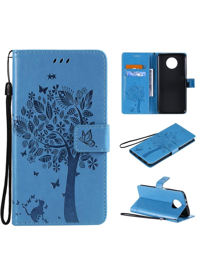 Case For Xiaomi Redmi Note 9 5G Tree & Cat Pattern Pressed Printing Horizontal Flip PU Leather Case with Holder & Card Slots & Wallet & Lanyard