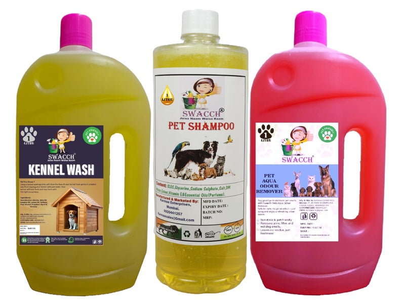 swacch Kennel Wash (Lemon) + Pet Shampoo (Lemon) I Pet Aqua Odour Remover (Rose) 1 Litre Combo Pack of 3 Economical Pack I Dog and Cat Friendly - Image 1