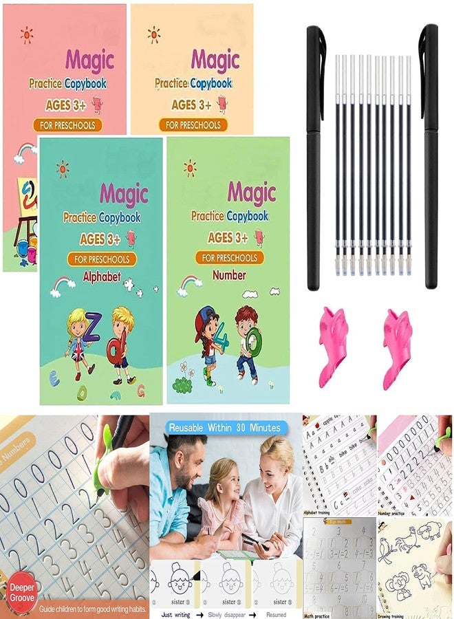 QERINKLE Sank Magic Practice Copybook, (4 Book + 10 Refill) Number Tracing Book for Preschoolers with Pen, Magic Calligraphy Copybook Set Practical Reusable Writing Tool - Image 1