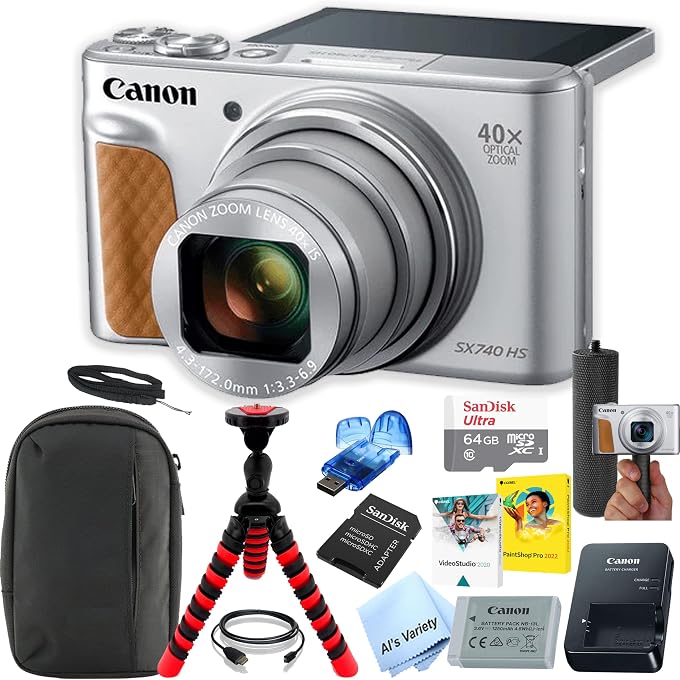 Canon Powershot SX740 HS Digital Camera (Silver) Kit with Accessories: 64GB Memory,Case, Tripod, Grip, Software, & More (Vlogger Bundle)(Renewed) - Image 1