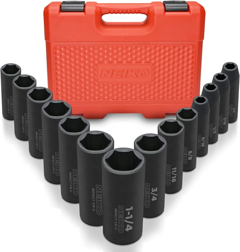 Neiko NEIKO 02476A 1/2" Impact Socket Set, 14 Piece 6 Point Impact Set, Standard Impact Socket Set, SAE Sizes (3/8-Inch to 1-1/14") Cr-V Steel, Deep Socket Set 1/2 Drive  - Image 1