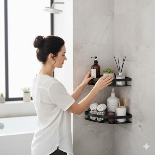 Austell Pack of 2 Aluminium Self Adhesive Bathroom Corner Shelves – Wall Mounted No Drill Storage Rack Organizer for Shampoo, Soap, and Bathroom Accessories Rust-Proof Wall Shelf Holder Stand for Bathroom - Image 2
