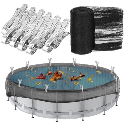 Hlimior 24 Feet Round Leaf Net Cover for Above Ground Pool, Winter Cover Mesh Cover with 16 Pcs Large Metal Clips，Pool Safety Net Fits 24FT Above Ground Pools, Keeps Leaves Out of Your Pool （Black） - Image 1