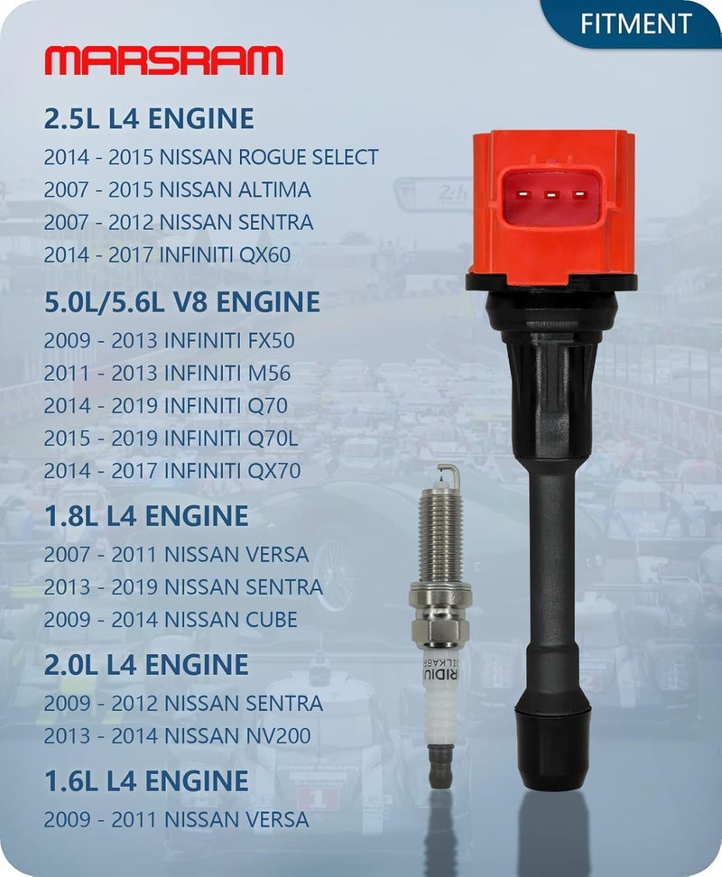 Marsram Ignition Coil Pack UF549 and Spark Plug 9029 set of 4 for 2007 2008 2009 2010 2011 2012 Nissan Altima Versa Sentra Cube NV200 2013 2014 2015 Infiniti M56 FX50 QX60 1.6/1.8/2.0/2.5/5.0/5.6L - Image 2