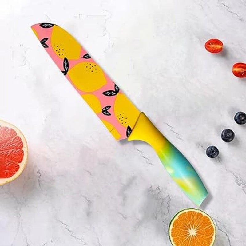 KITQO Colorful Kitchen Knife Set with Protective Sheaths Ultra Sharp Chefs Knife High Carbon Steel Blades with Special NonStick Coating 68 Inch Lemon Yellow - Image 4