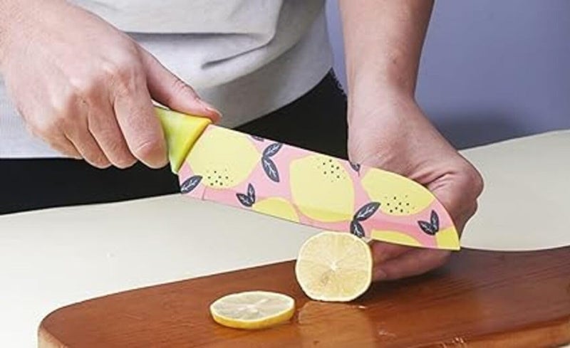 KITQO Colorful Kitchen Knife Set with Protective Sheaths Ultra Sharp Chefs Knife High Carbon Steel Blades with Special NonStick Coating 68 Inch Lemon Yellow - Image 5