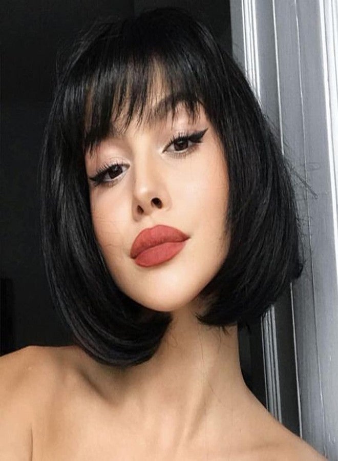 Queentas 10" Short Black Bob Wigs for Women Straight Bob Cut Hair Wig Synthetic Hair Wig with Bang for Girl Lady (Black,10Inch) - Image 1