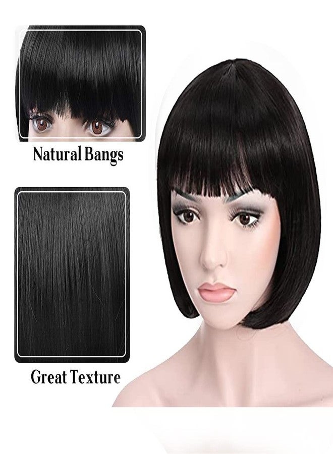 Queentas 10" Short Black Bob Wigs for Women Straight Bob Cut Hair Wig Synthetic Hair Wig with Bang for Girl Lady (Black,10Inch) - Image 2