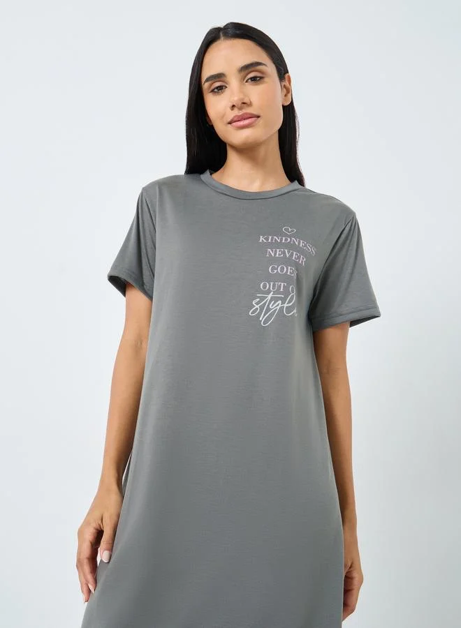 Styli Styli Kindness Slogan Ruffle Hem Sleep T-Shirt Dress