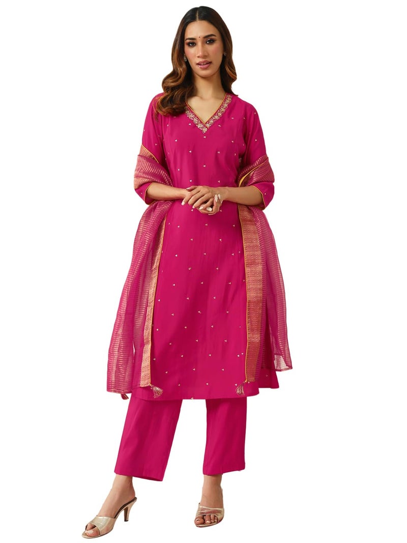 FIORRA Women's Pink Chanderi A-line Kurta with Pant and Dupatta - Image 1