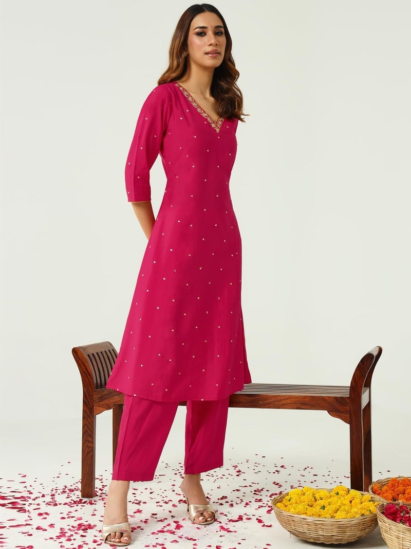 FIORRA Women's Pink Chanderi A-line Kurta with Pant and Dupatta - Image 3