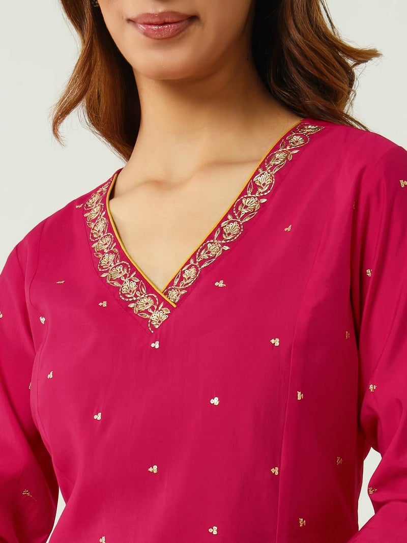 FIORRA Women's Pink Chanderi A-line Kurta with Pant and Dupatta - Image 5