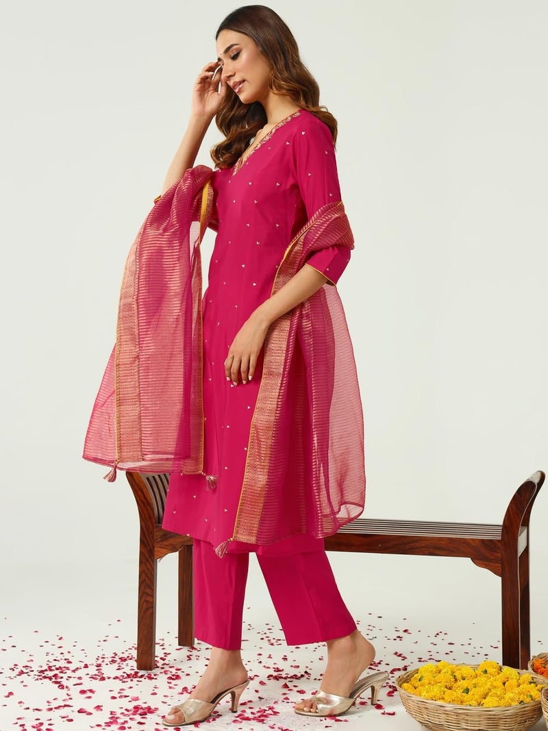 FIORRA Women's Pink Chanderi A-line Kurta with Pant and Dupatta - Image 4