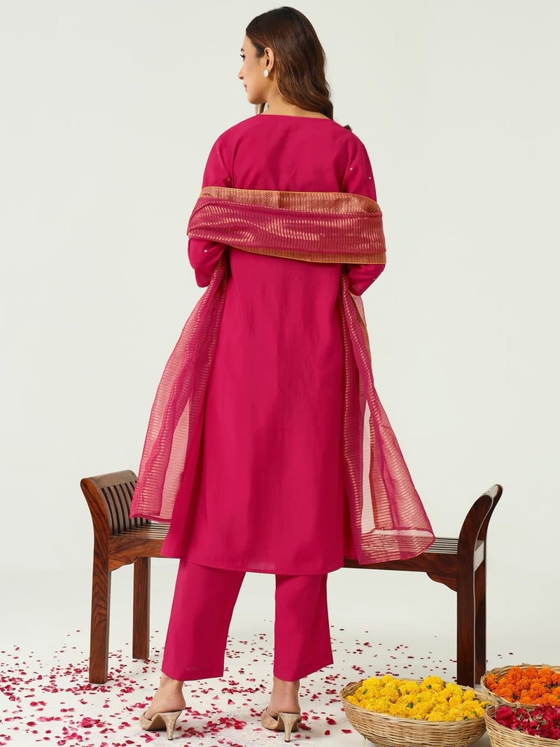 FIORRA Women's Pink Chanderi A-line Kurta with Pant and Dupatta - Image 2