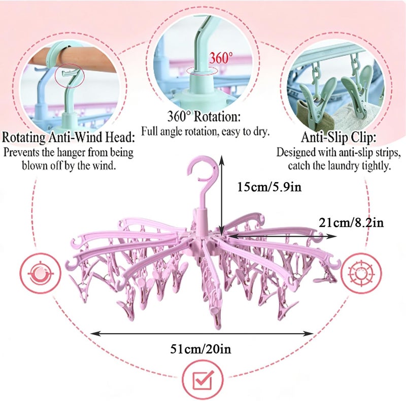 BONYCUST Foldable Drying Rack with 40 Clips for Drying Socks Lingerie Baby Clothes Drying Towels Rotatable Sock Drying Rack（Pink） - Image 4