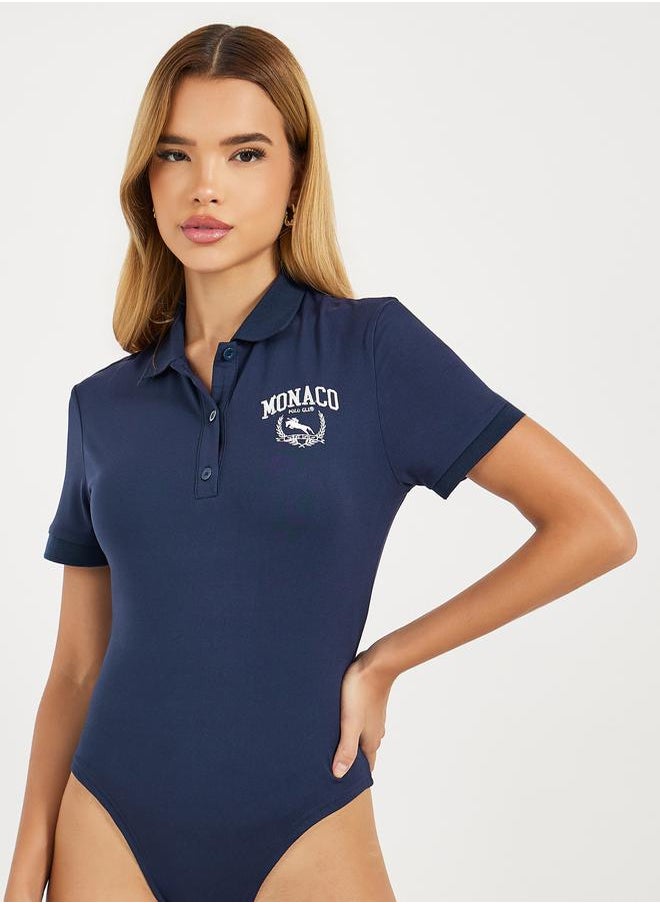 Styli Embroidery Detail Polo Neck Knit Bodysuit  - Image 1