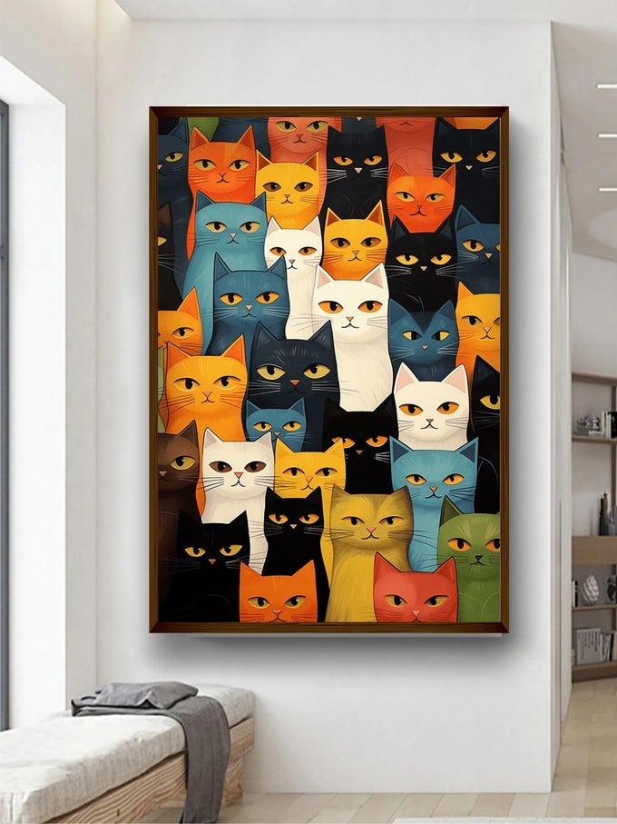 WOOD ABSTRACT COLORFUL CAT FACES PAINTING FOR WALL DECORATION ABSTRACT WALL PAINTING FOR LIVING ROOM BIG SIZE PAINTING WITH FRAMEMULTICOLOR 20X30 INCHES50X71CM