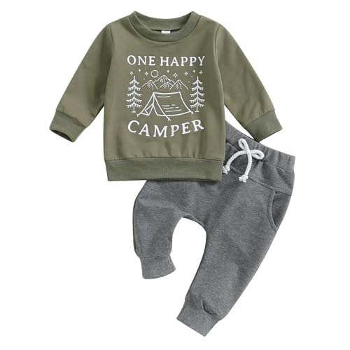 Frietlebird First Birthday Outfit Boy 1st Birthday Outfit Boy Long Sleeve One Happy Camper Sweatshirt Pants Wild One Birthday Outfit (L-Army Green,12-18 Months) - Image 1