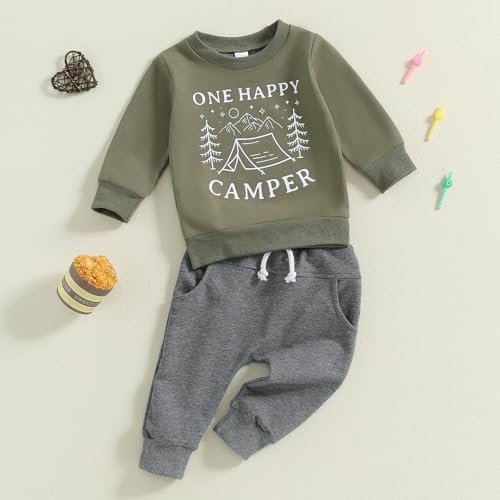 Frietlebird First Birthday Outfit Boy 1st Birthday Outfit Boy Long Sleeve One Happy Camper Sweatshirt Pants Wild One Birthday Outfit (L-Army Green,12-18 Months) - Image 2