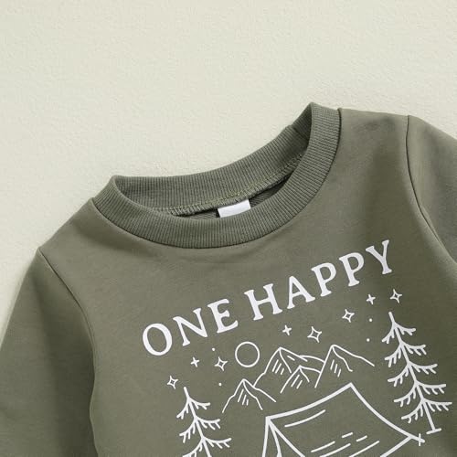 Frietlebird First Birthday Outfit Boy 1st Birthday Outfit Boy Long Sleeve One Happy Camper Sweatshirt Pants Wild One Birthday Outfit (L-Army Green,12-18 Months) - Image 3