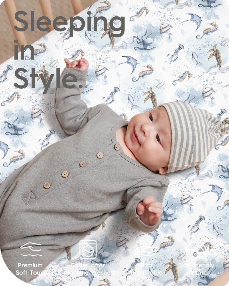 TotBasic Pack and Play Sheets Fitted, Ultra Soft Mini Crib Sheets Boy, Neutral Pack N Play Mattress Sheets Hypoallergenic and Soothing, Premium Jersey Playard Sheets, Safari Animals, 2 Pack - Image 2