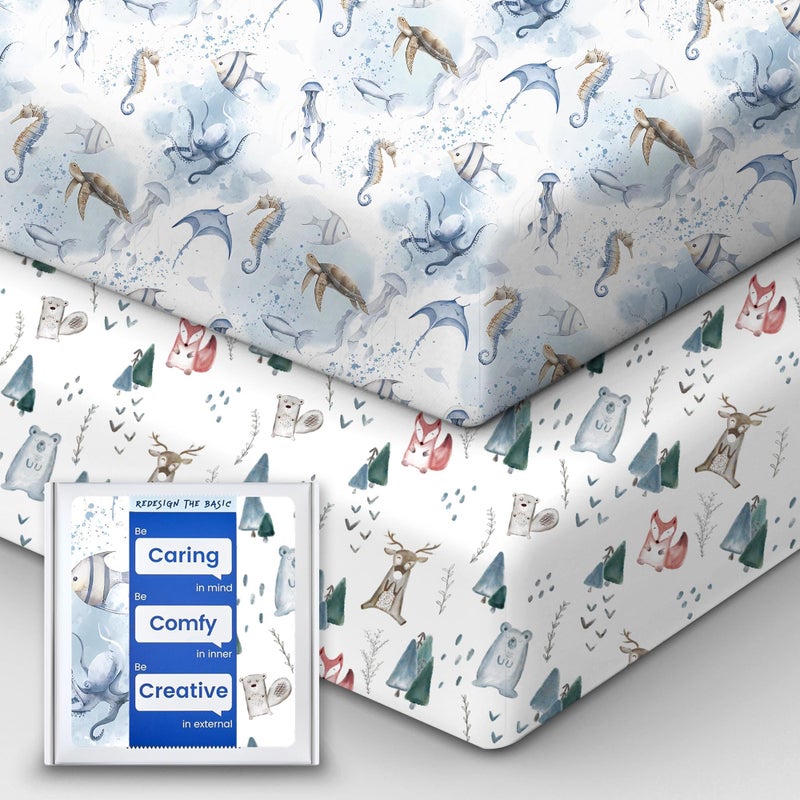 TotBasic Pack and Play Sheets Fitted, Ultra Soft Mini Crib Sheets Boy, Neutral Pack N Play Mattress Sheets Hypoallergenic and Soothing, Premium Jersey Playard Sheets, Safari Animals, 2 Pack - Image 1