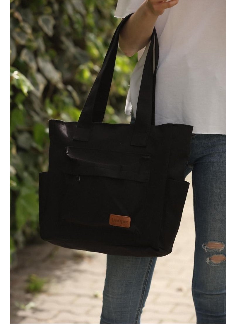 Bijuhome Black Canvas Fabric 4 Compartment Front Pocket Detailed Zippered Shoulder Bag  - Image 2