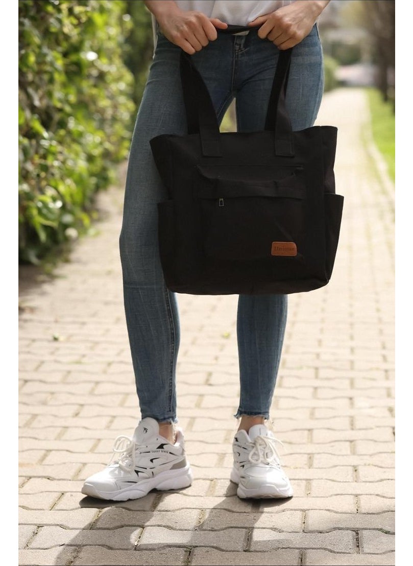 Bijuhome Black Canvas Fabric 4 Compartment Front Pocket Detailed Zippered Shoulder Bag  - Image 3