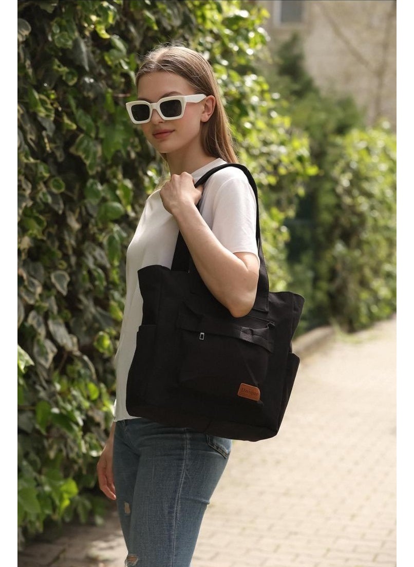 Bijuhome Black Canvas Fabric 4 Compartment Front Pocket Detailed Zippered Shoulder Bag  - Image 4