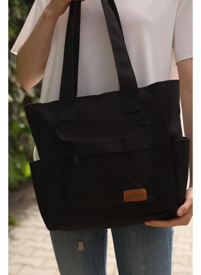 Bijuhome Black Canvas Fabric 4 Compartment Front Pocket Detailed Zippered Shoulder Bag  - Image 5