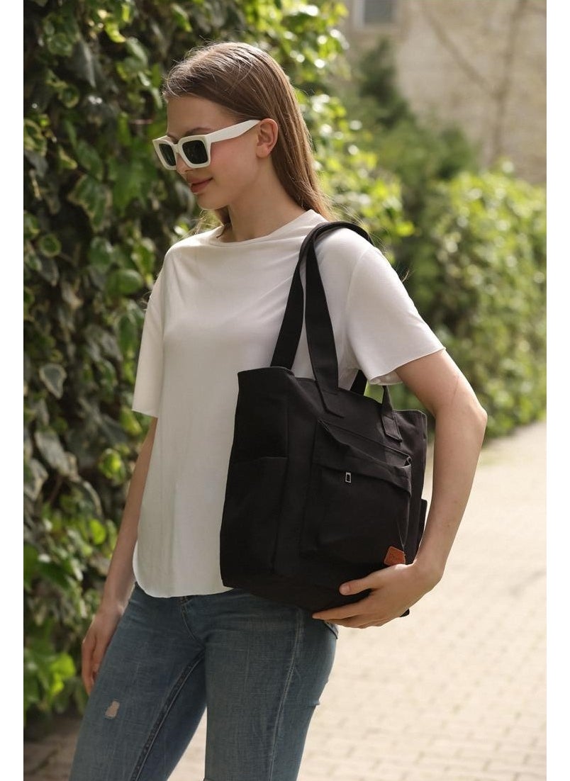 Bijuhome Black Canvas Fabric 4 Compartment Front Pocket Detailed Zippered Shoulder Bag  - Image 1