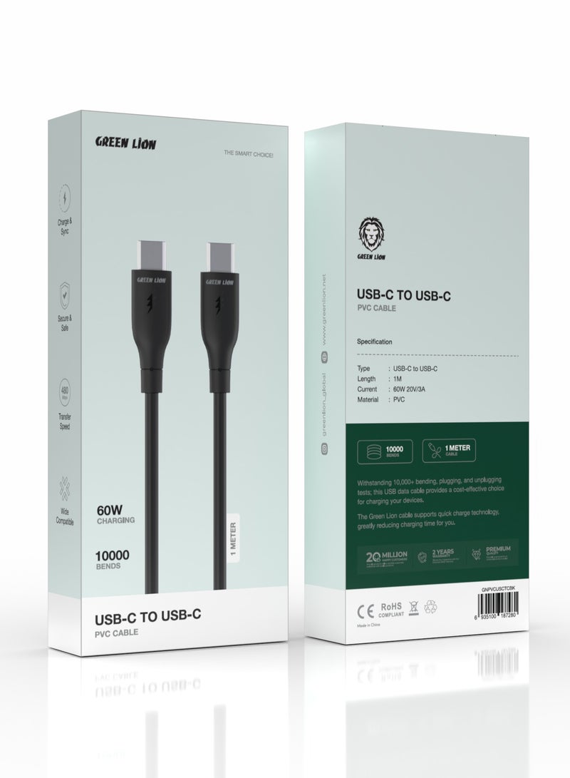 GREEN LION USB-C to USB-C PVC Cable / 1m Cable Length / High Transfer Speed / 60W Power Charging / Secure & Safe / Wide Compatible / Charge & Sync / 10,000 Bends Life Span - Black - Image 2