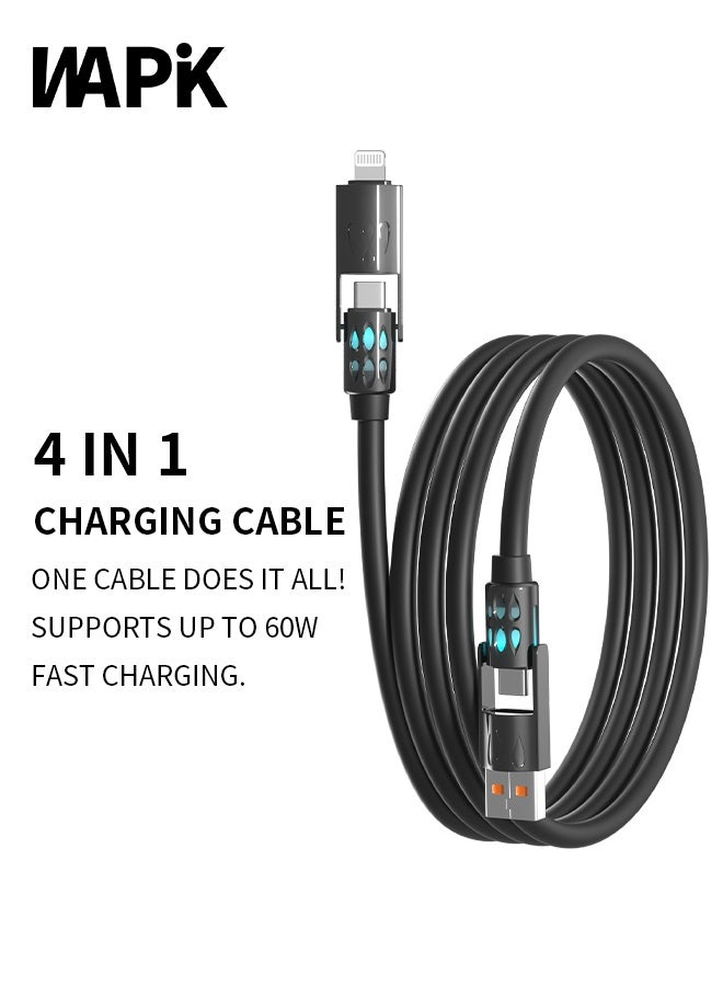 وابيك كابل شحن سريع 4 في 1 من علامة كورية، قوة 60 واط، USB-A و Type-C إلى Type-C / Lightning، سيليكون سائل، نقل بيانات 480Mbps، أسود - Image 1