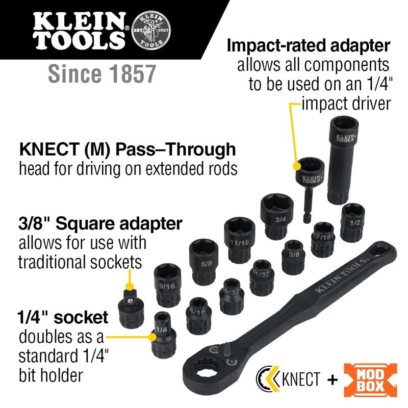 Klein Tools 65400 KNECT 15-Piece Pass Through Socket Set, SAE Impact Socket Set with MODbox Case, Sockets, Bits, Accessories and 3/8-Inch Drive Adapter - Image 2