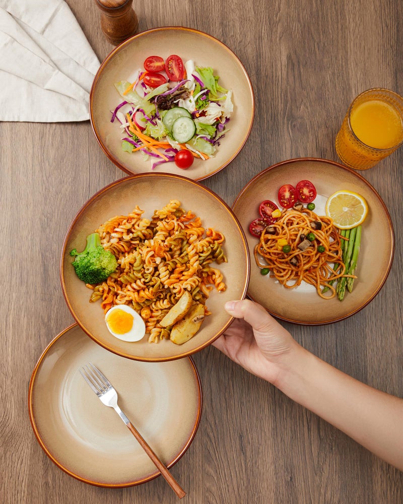 Pokini Ceramic 32 Oz Pasta Bowls, 8.75 Inch Reactive Glaze Pasta Bowl Set of 4, Microwave & Dishwasher Safe, Large Wide Serving Bowls for Salad, Dessert, Soup, Fruit, Brown and Yellow - Image 4
